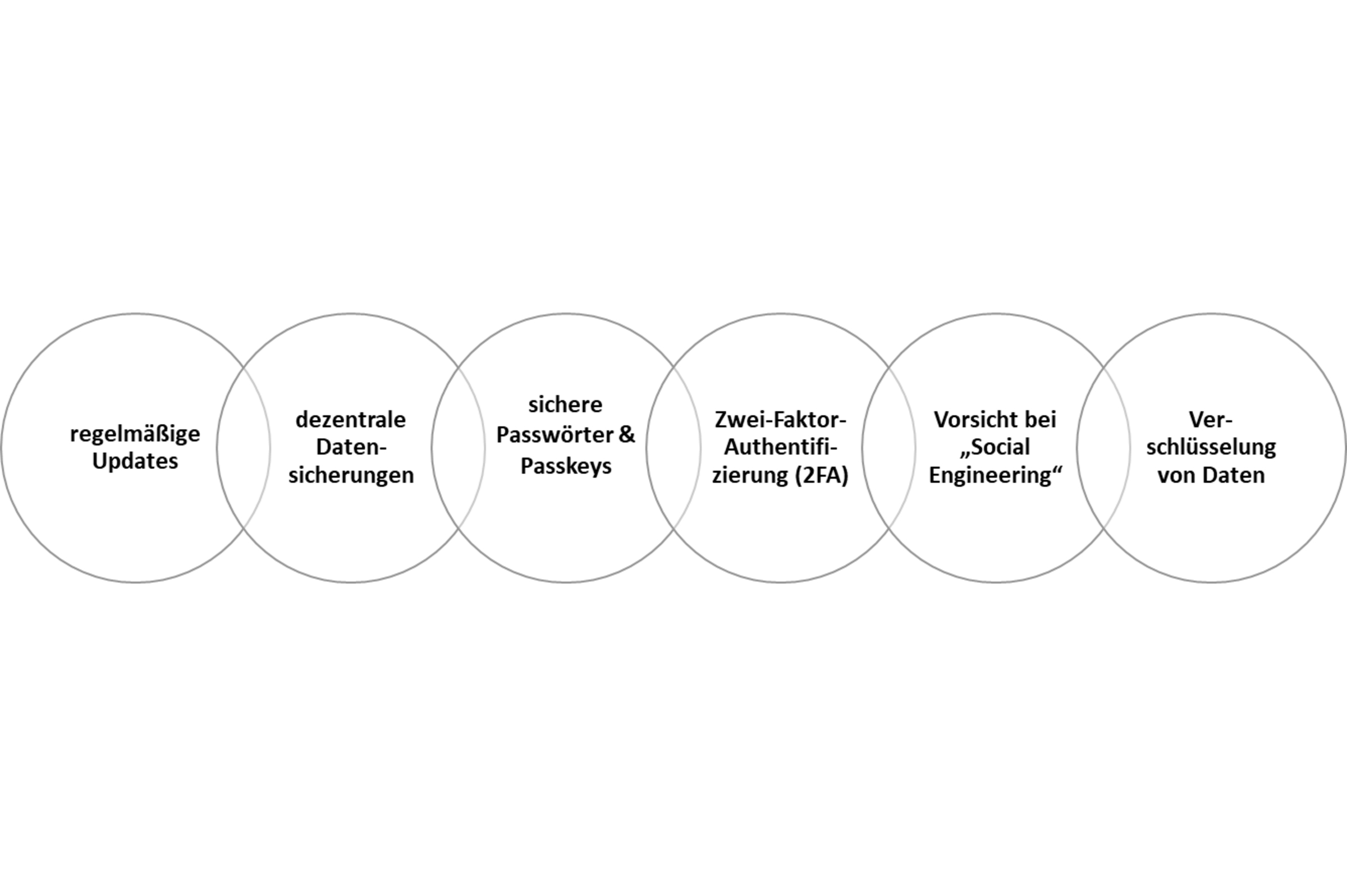Sechs ineinander greifende Kreise, die die Grundzüge der IT-Sicherheit miteinander verbinden.