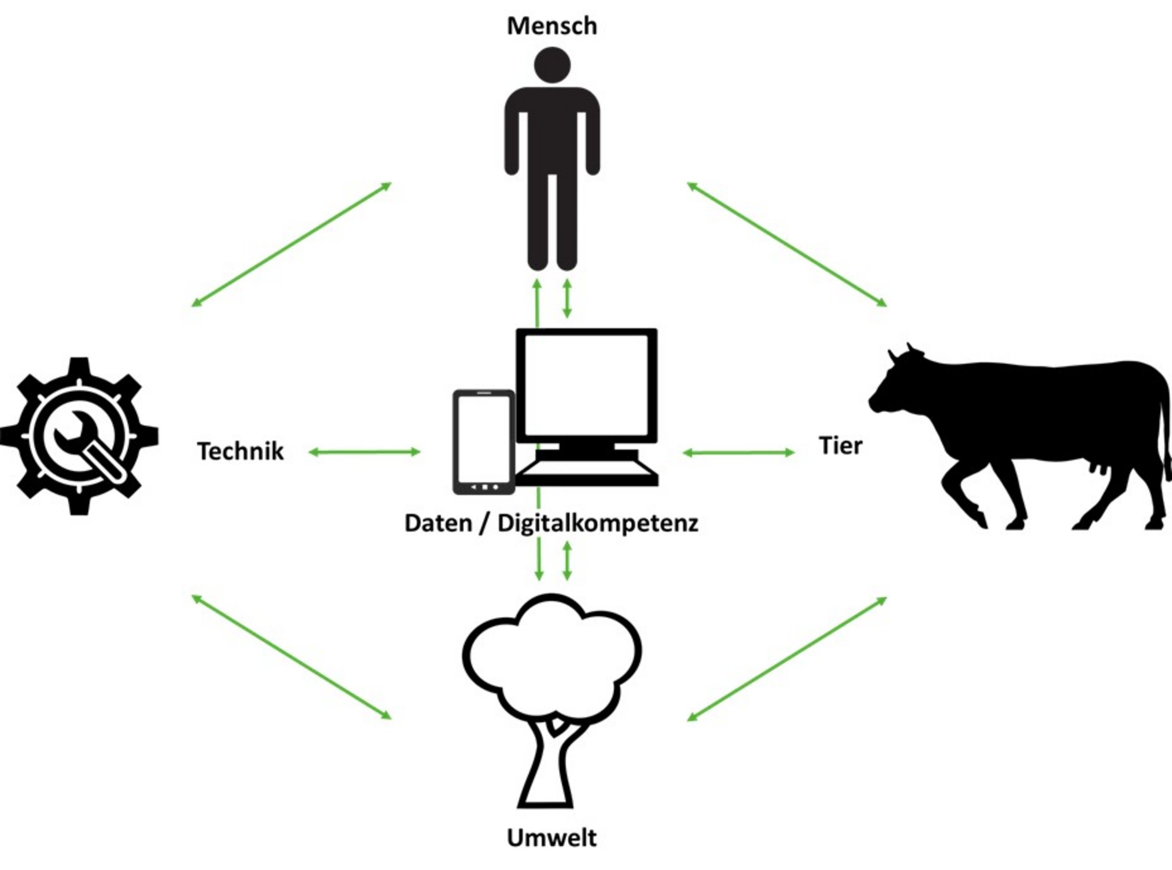 Die 5 Elemente Mensch, Tier, Umwelt, Technik und Daten/Digitalkompetenz sind in Wort und Symbolbild dargestellt. Ihre Beziehungen zueinander und Abhängigkeiten voneinander sind durch Pfeile dargestellt.